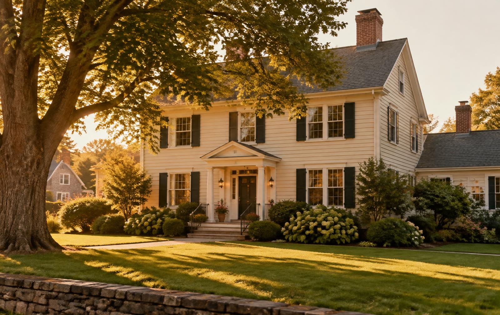 A classic New England home at golden hour with a mature tree and tidy lawn
