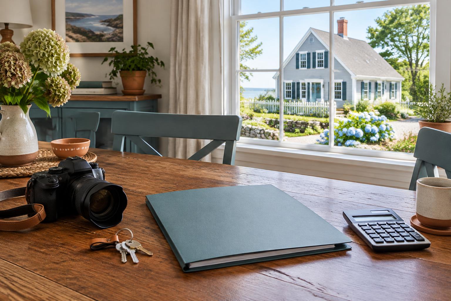 House keys, a camera, property folder and calculator on a table overlooking a New England home