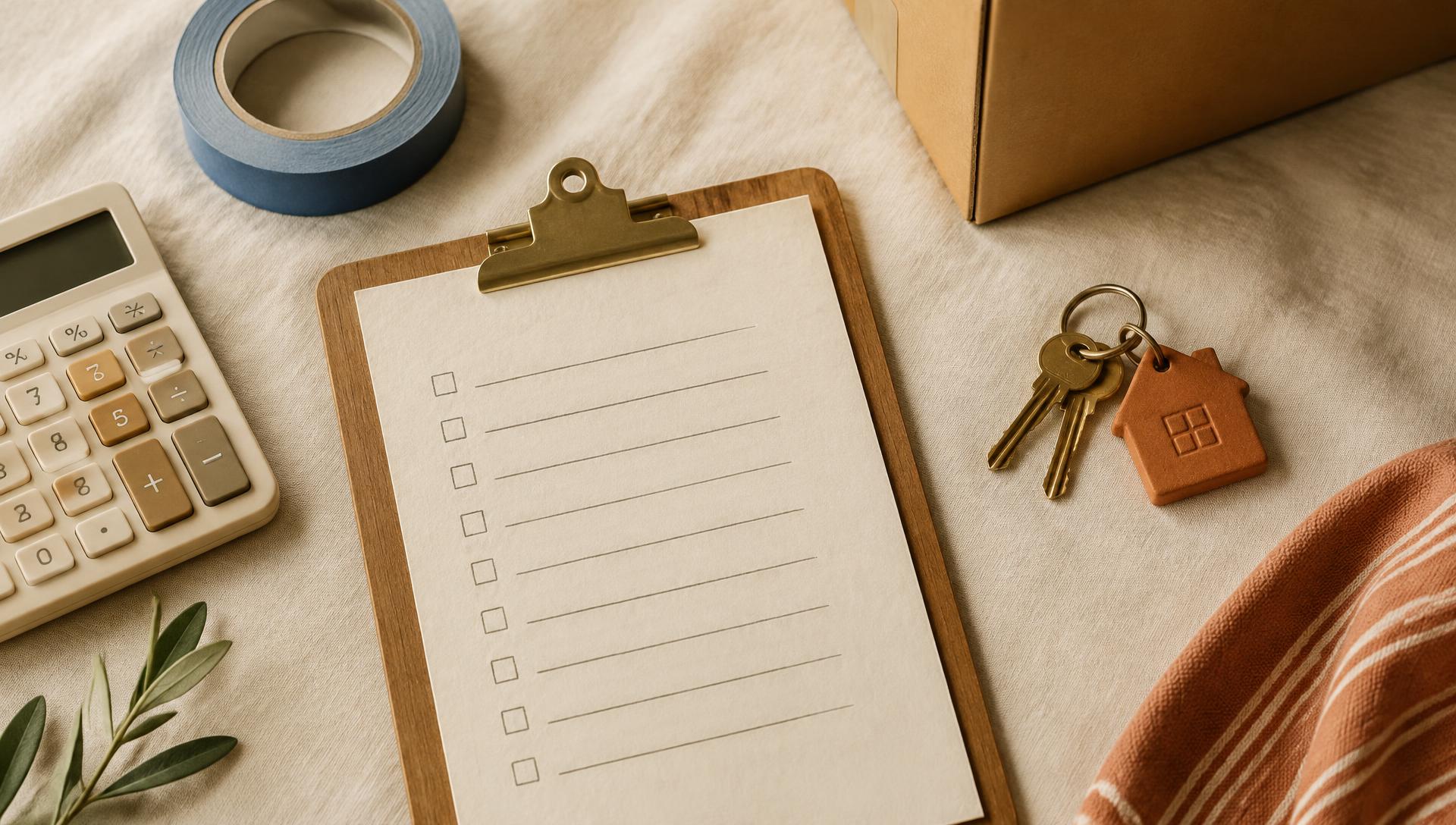 A blank checklist on a clipboard beside a calculator, tape, a moving box and house keys