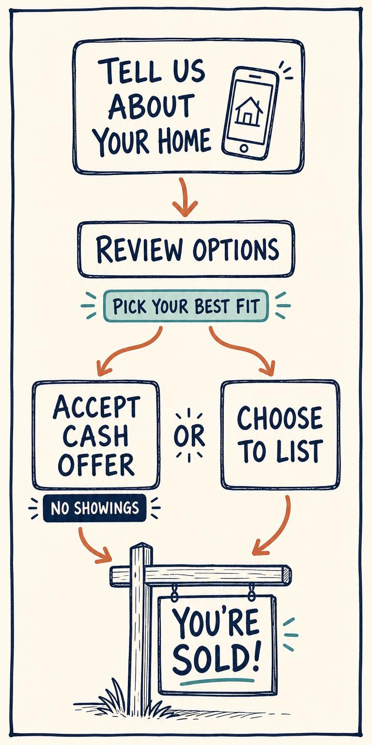 PropVio journey: tell us about your home, review options, then accept a cash offer or choose to list, and you are sold