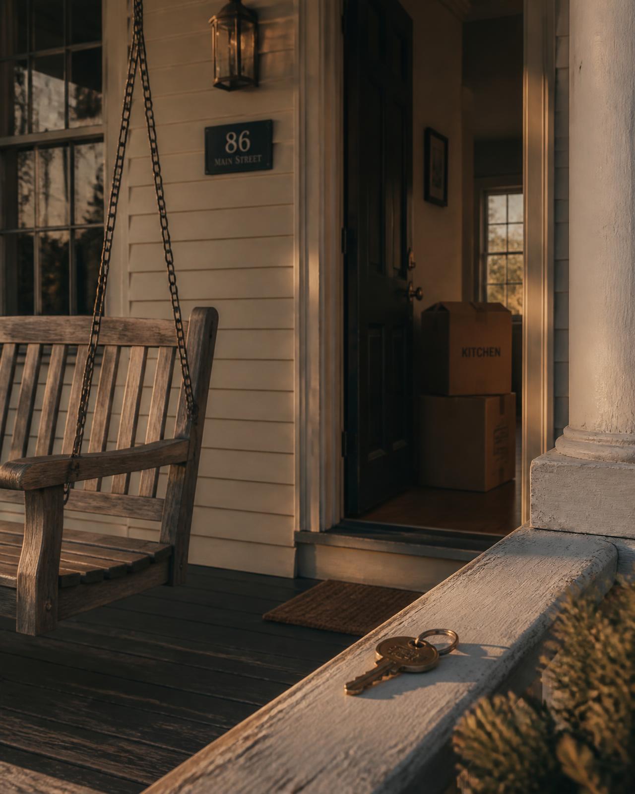 A New England porch at golden hour with moving boxes by the door
